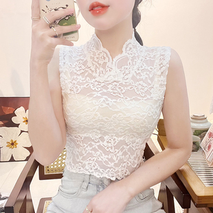 镂空蕾丝假领花边v领打底衫女短款叠穿无袖内搭背心性感网纱上衣