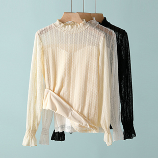 加绒加厚磨毛蕾丝打底衫女长袖2022秋冬新款内搭洋气网纱保暖上衣