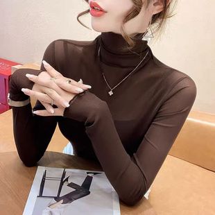 修身 高领网纱打底衫 薄款 女夏季 纱衣洋气叠穿透视蕾丝上衣 内搭长袖