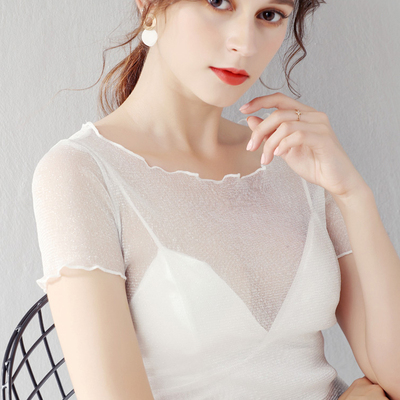 夏2019新款性感木耳边蕾丝上衣透视亮丝网纱打底衫女内搭短袖纱衣