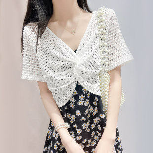 吊带裙外搭女夏套头短款罩衫小坎肩蕾丝披肩镂空防晒网洞t恤上衣