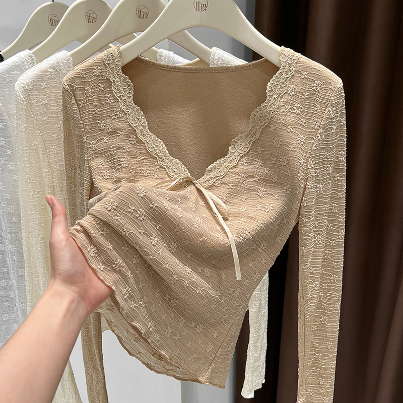 加绒V领花边蕾丝打底衫女长袖t恤