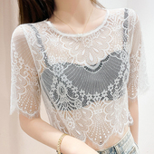 蕾丝短袖 网纱上衣 套头薄纱镂空罩衫 t恤女夏吊带裙内搭打底衫 短款