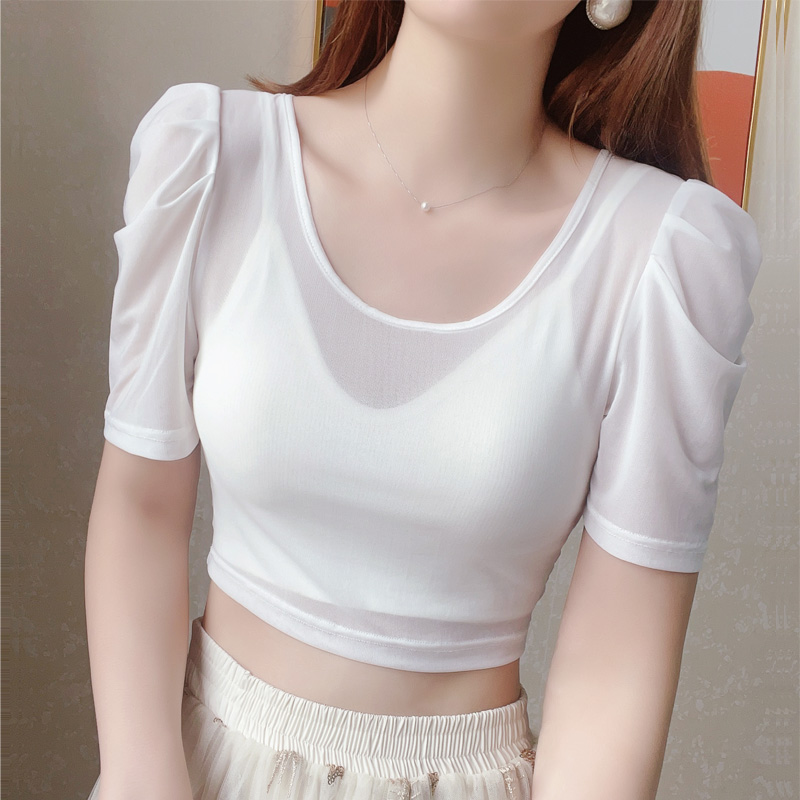 短款圆领白色网纱打底衫女内搭2025夏季紧身大码蕾丝短袖t恤上衣