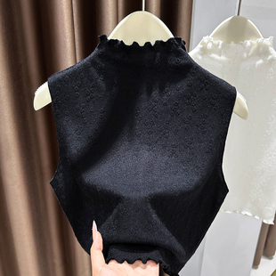木耳边蕾丝无袖上衣女秋假领子内搭半高领叠穿打底衫短款修身背心