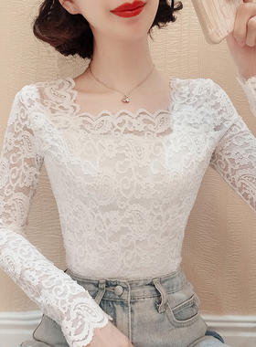 秋冬新款2023蕾丝打底衫女加绒加厚内搭方领显瘦气质长袖洋气上衣