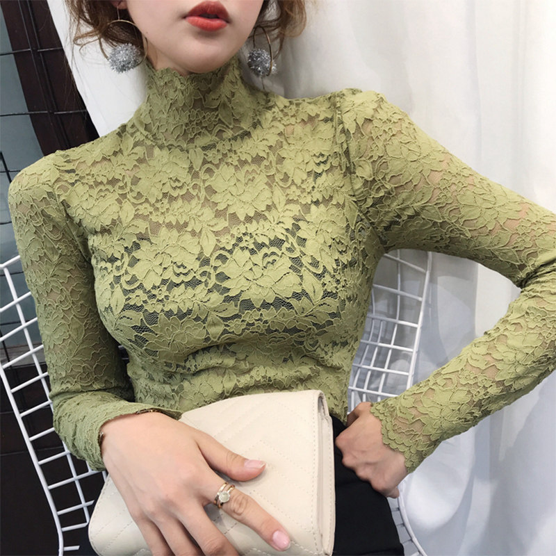 牛油果绿芥末绿高领镂空弹力修身蕾丝衫小女人性感打底衫2019秋冬在类目 女装/女士精品, 蕾丝衫/雪纺衫中 - 来自Buy2taobao.com提供专业的淘宝代购服务