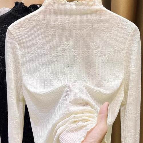 蕾丝半高领打底衫女薄款内搭上衣