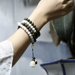 善心。白玉菩提根天然绿檀木多圈手串雕刻福泽绵长手链佛珠原创