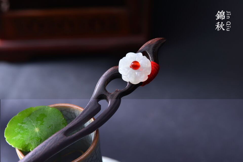 落红盘发头饰 手工黑檀木簪白象牙花