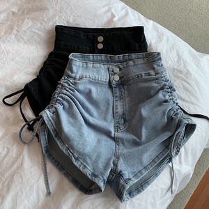 RM15089#抽绳牛仔短裤高腰双扣辣妹网红炸街裤子