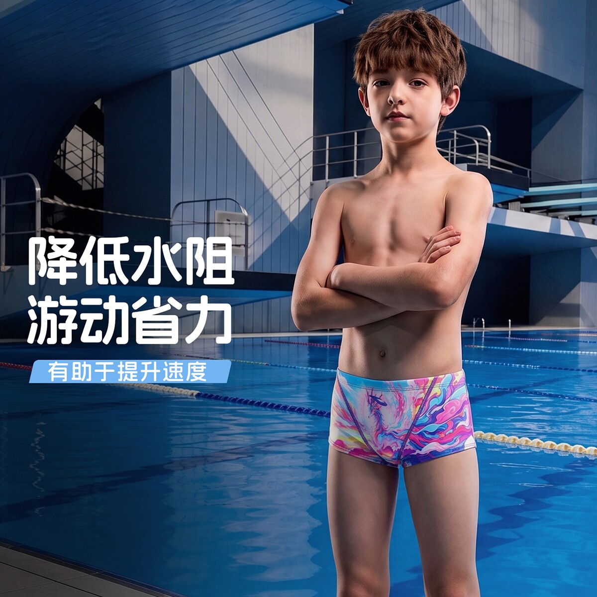 hosa浩沙儿童泳衣男孩长训练游泳裤小平角泳裤速干抗氯舒适耐穿