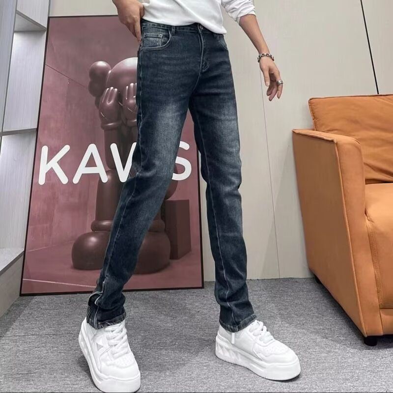 高端重工水洗深蓝色牛仔裤男修身小脚秋冬韩版脚口拉链微喇休闲裤