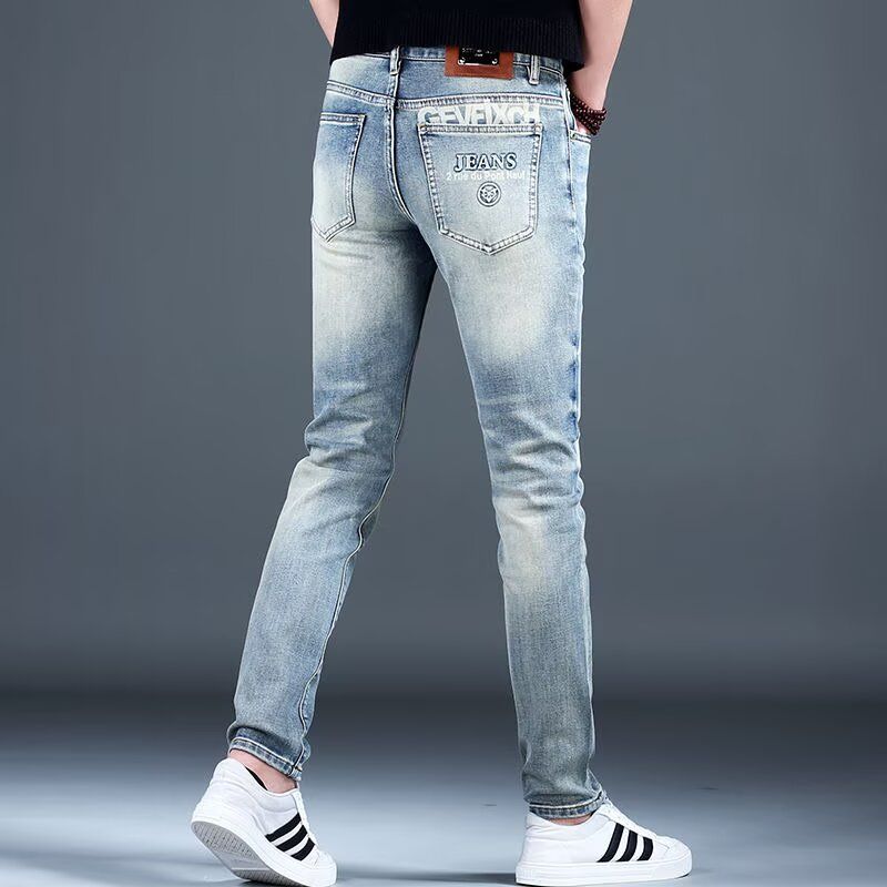 欧洲站烫钻浅色牛仔裤男破洞修身小脚潮流弹力裤子2025夏季新款潮