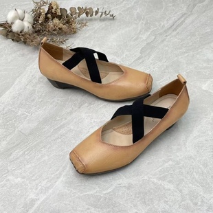 GOODOMIEN 2025新款女鞋方头猪鼻浅口交叉芭蕾鞋复古头层牛皮单鞋