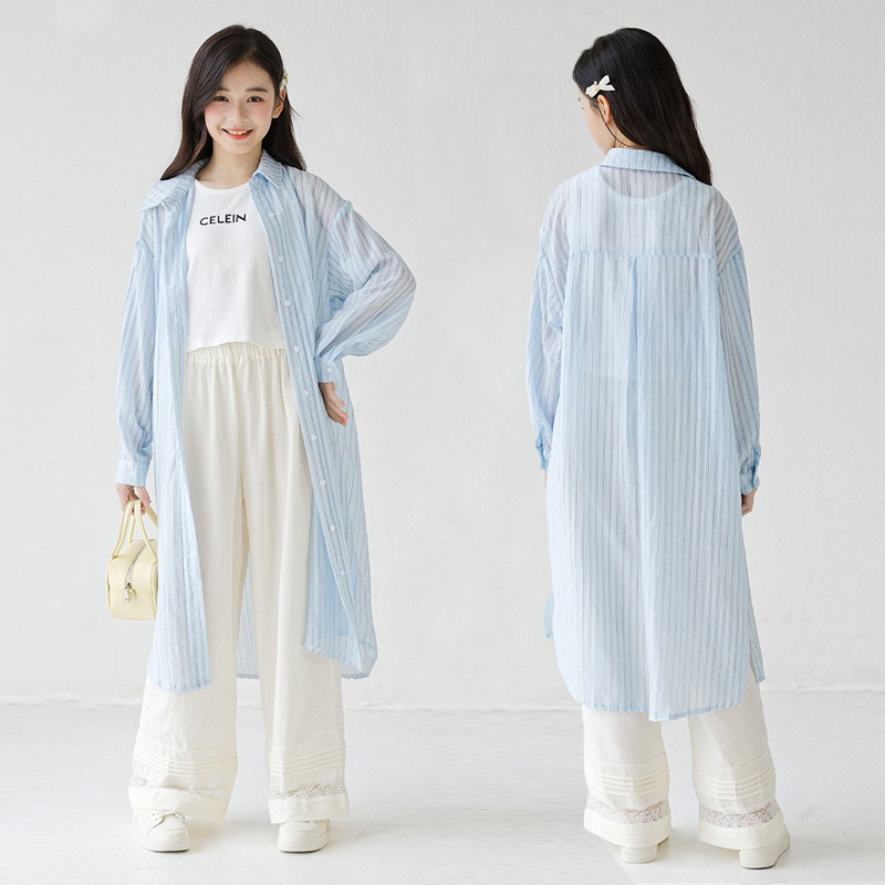 女童防晒衣超薄透视雪纺开衫空调衫青少年中长款休闲披肩外套