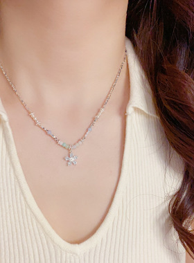 小清新时尚百搭碎银串珠蓝色花朵项链气质轻奢简约设计感锁骨链女