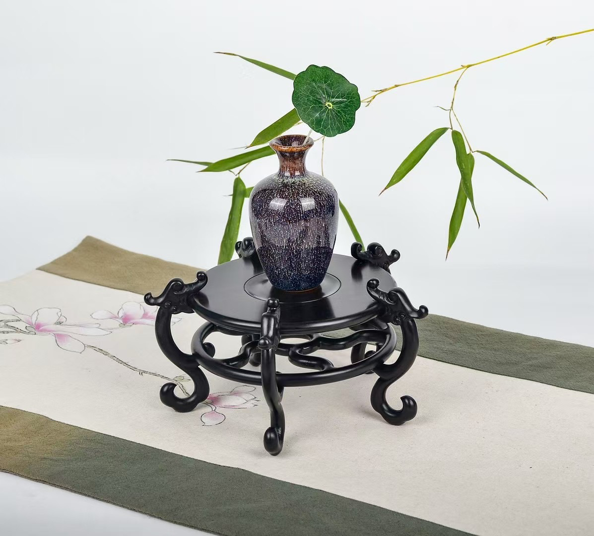 实木紫光檀新中式兰花展示五龙托架盆景茶壶铜葫芦聚宝盆摆件花几