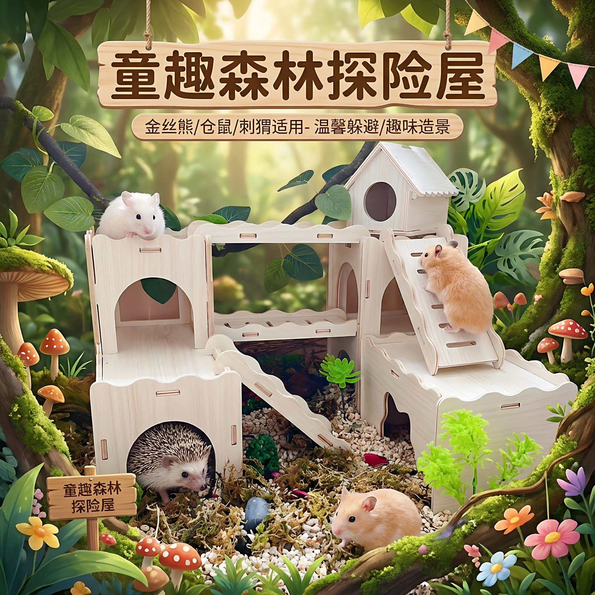 仓鼠躲避屋多居室造景桥木质平台爬梯宠物窝芦丁鸡房子金丝熊玩具