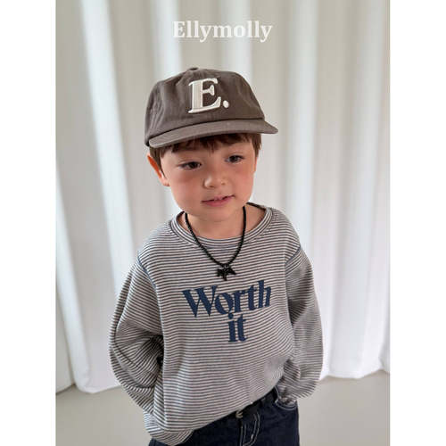 Elly韩国进口童装代购26秋儿童宽松舒适条纹字母圆领打底上衣T恤