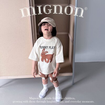 MIGNON男女小大童韩国童装代购26夏薄柔软字母卡通兔圆领短袖T恤