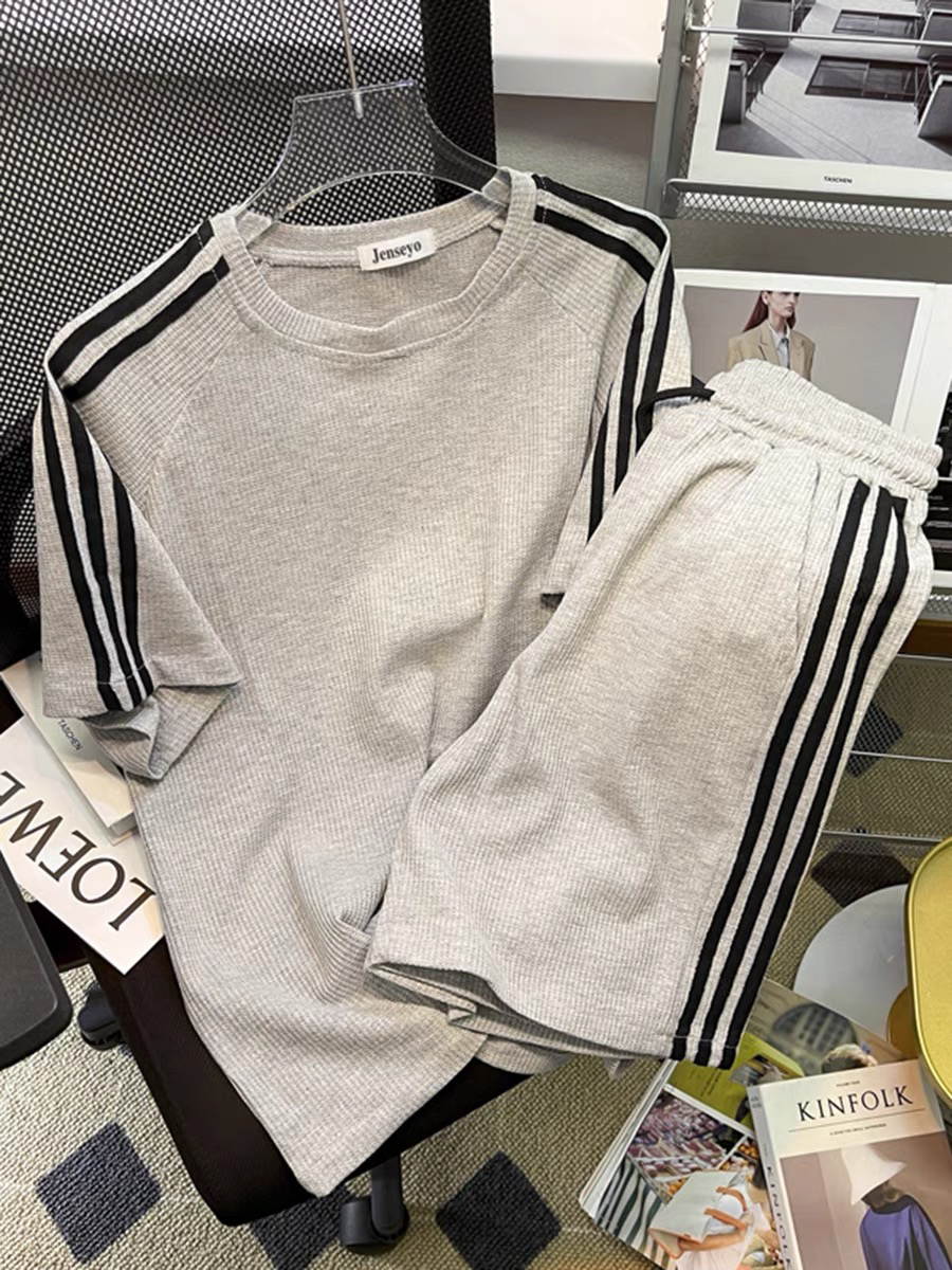 夏季新款潮牌华夫格运动休闲套装男女情侣宽松短袖t恤短裤两件套