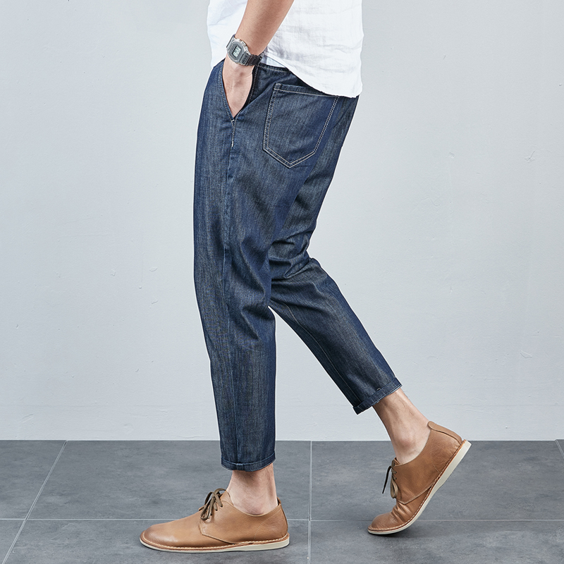 夏季韩版潮牌牛仔裤男薄款九分宽松纯棉透气休闲裤子松紧腰小脚裤