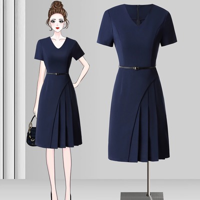 V领显瘦百褶A字连衣裙工作制服女