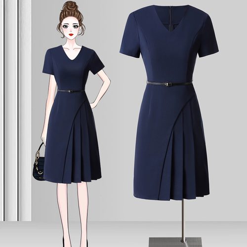 V领减龄百褶A字连衣裙工作制服女