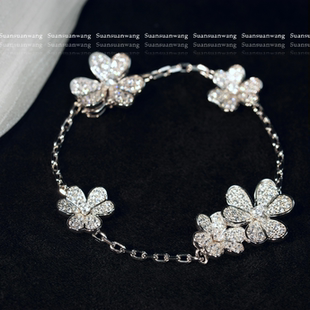 高版！通体银镀18K金三叶草五花满钻手链轻奢叠戴ins超火生日礼物