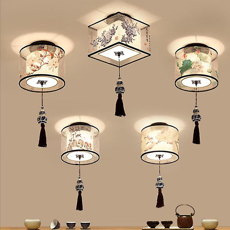 新中式过道小吸顶灯吊顶单头荷花菊花楼道玄关阳台门口走廊中国风