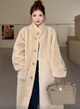 NN家秋冬加厚长款半高领仿羊羔毛麂皮绒皮毛一体环保皮草外套2450