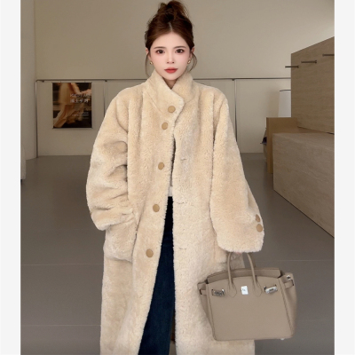 高领系扣口袋长款仿皮草外套