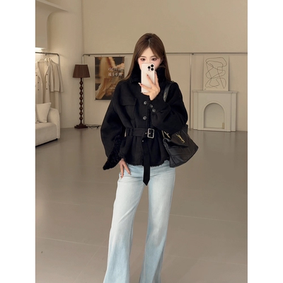 翻领系扣短款仿羊羔毛皮草外套