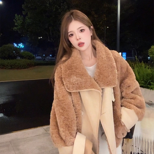 NN家秋冬加厚女方领拼接仿羊羔毛麂皮绒皮毛一体环保皮草外套2016