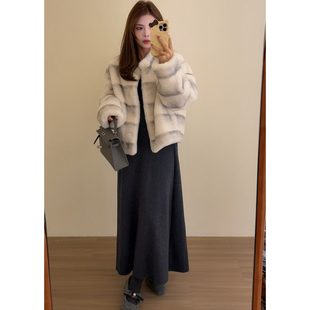 NN家秋冬加厚女条纹立领仿水貂毛麂皮绒皮毛一体环保皮草外套3011