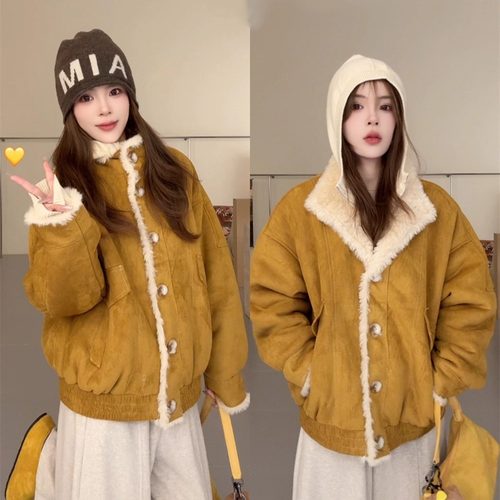 高领侧口袋仿皮草皮毛一体外套