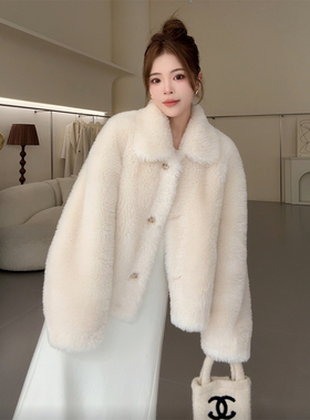 NN家秋冬加厚女方领短款仿羊羔毛麂皮绒皮毛一体环保皮草外套5022