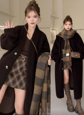 NN家秋冬加厚女V领长款仿羊羔毛麂皮绒皮毛一体环保皮草外套2347