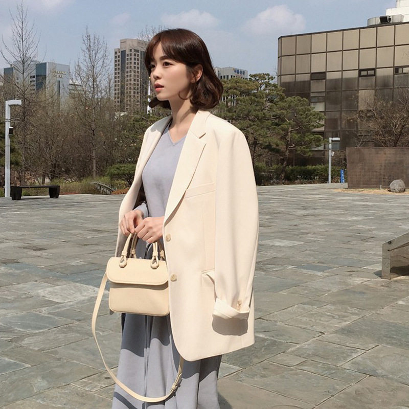 韩版黑色西装外套女休闲宽松中长2025春秋新款气质ins小西服上衣,女装西装,红依娜