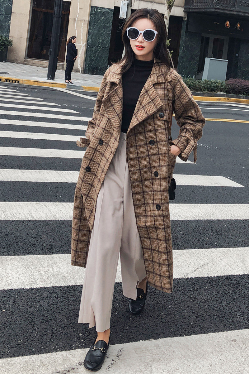 2021秋冬新款1853款格子长款拼接宽松毛呢大衣咖啡格呢子外套女装,女装毛呢外套,红依娜