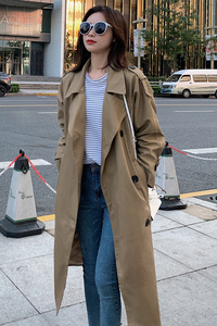 951款P12控价179卡其色2021春秋装新款中长款系带修身外套风衣女装