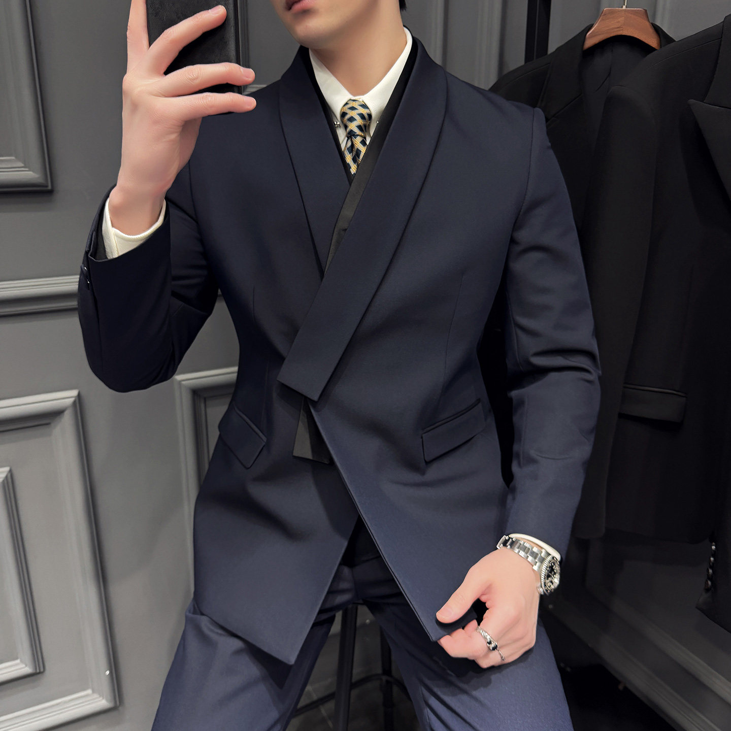 木框景2026春季西服套装纯色围巾领休闲西服A311-SJT9021-P290，男装西服套装，电商A311