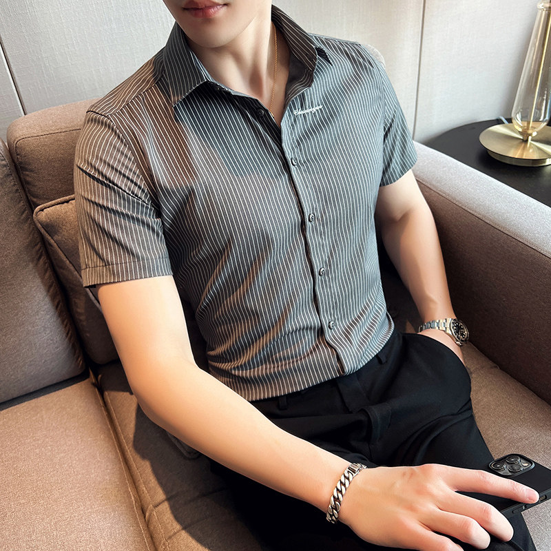 条纹刺绣短袖男衬衫2025夏季潮流时尚修身衬衣A311-CSC88590-P58,男装T恤,电商A311