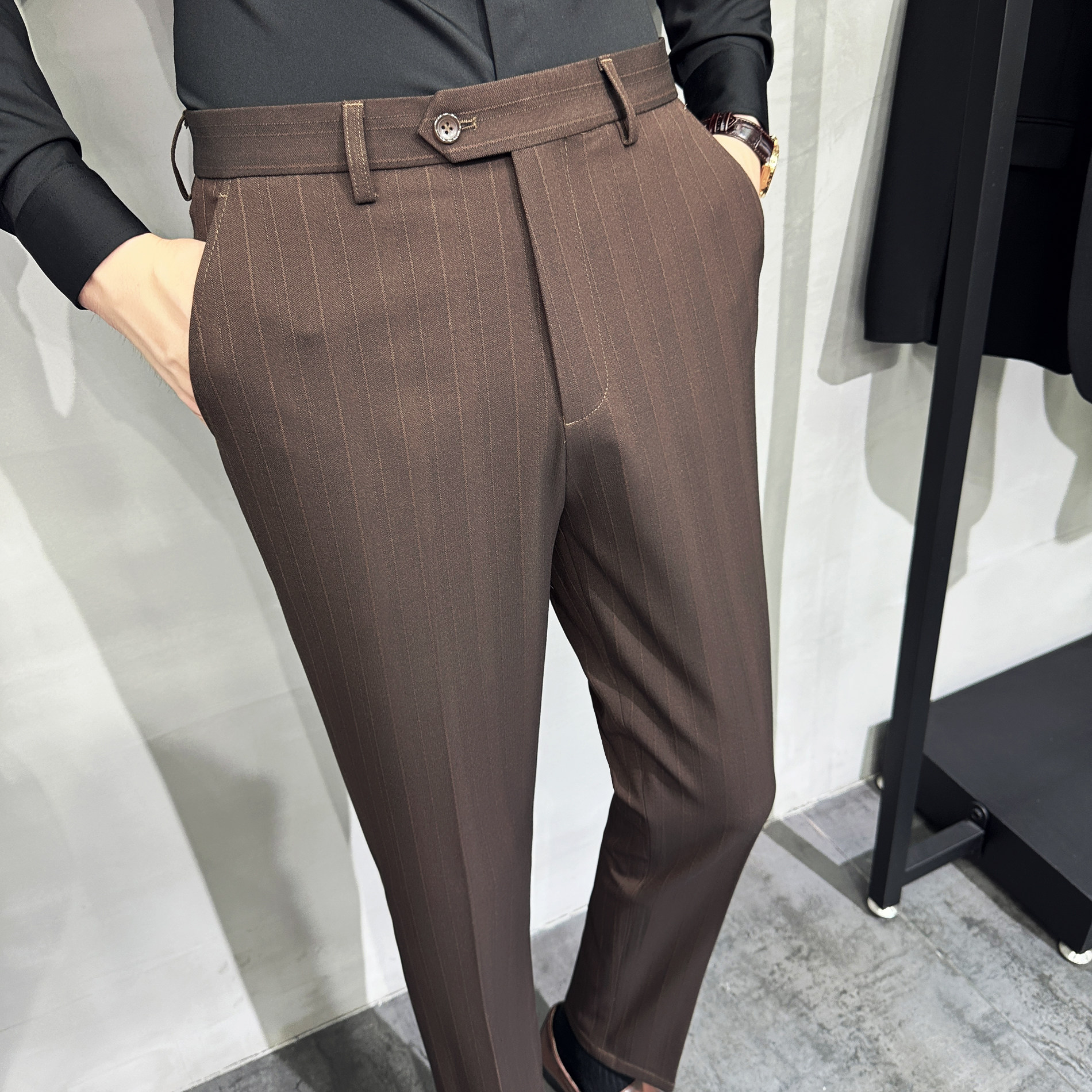 2025秋季新款西裤暗条纹身休闲直筒小脚西裤A311-DK9997-P75，男装西裤，电商A311