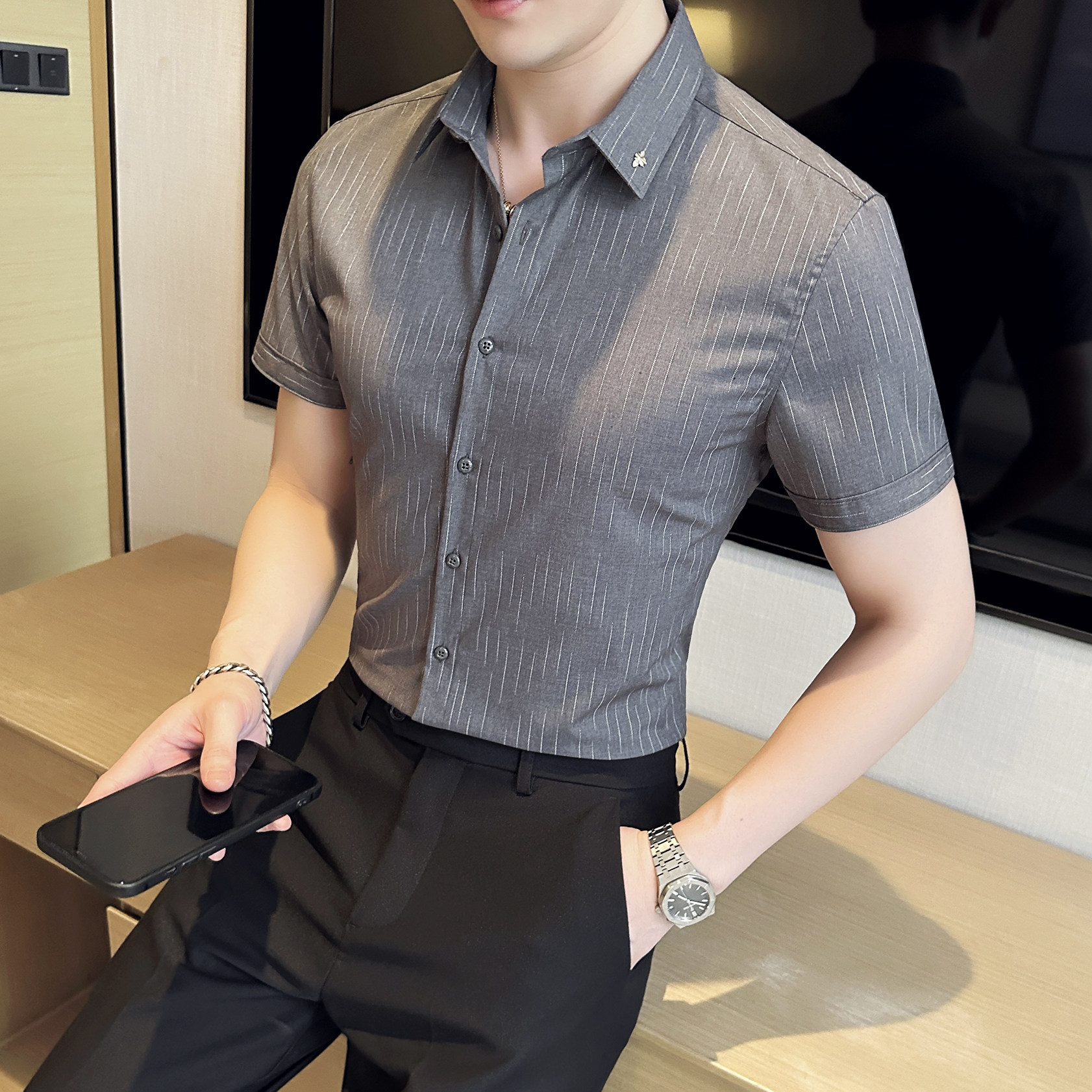 2025夏季新款短袖条纹衬衫韩版修身商务休闲衬衣男A311-CS861-P68图片