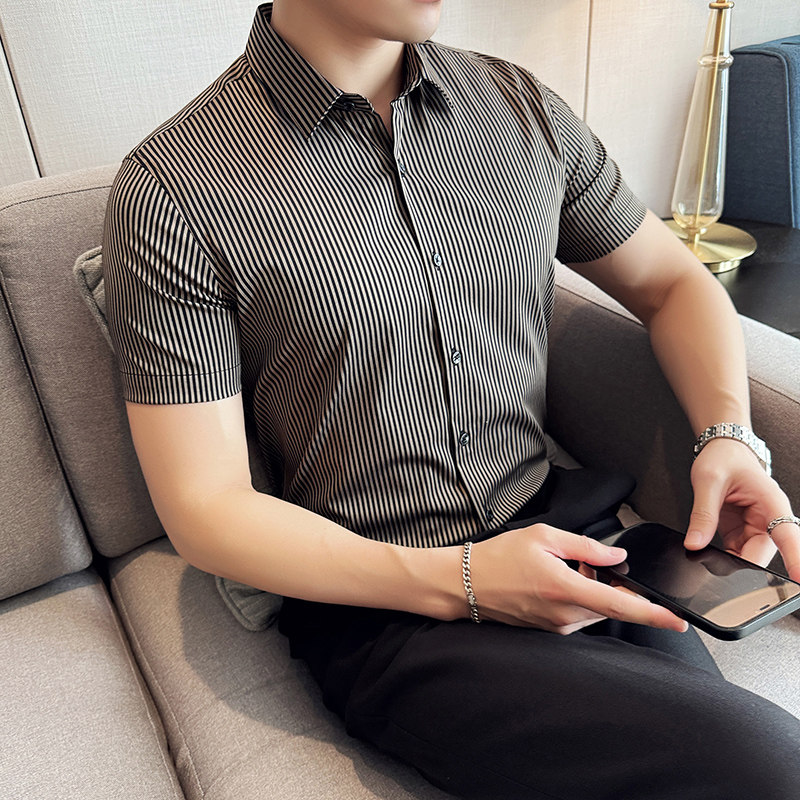 条纹短袖衬衫男士2025夏季新款轻奢高级感男装A311-CSC2403-P55,男装T恤,电商A311