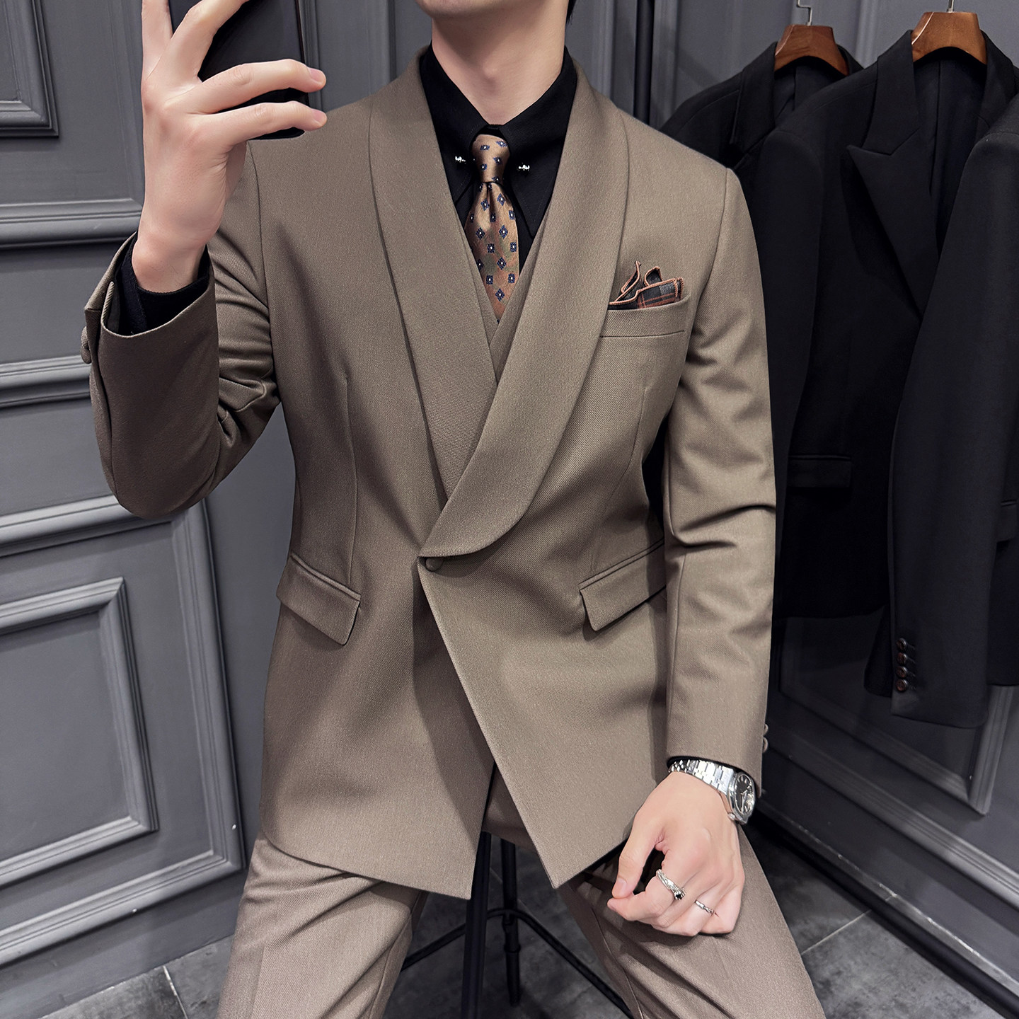 木框景2025秋季套装修身休闲商务大码男士礼服A311-SJT9012-P290,男装西服套装,电商A311