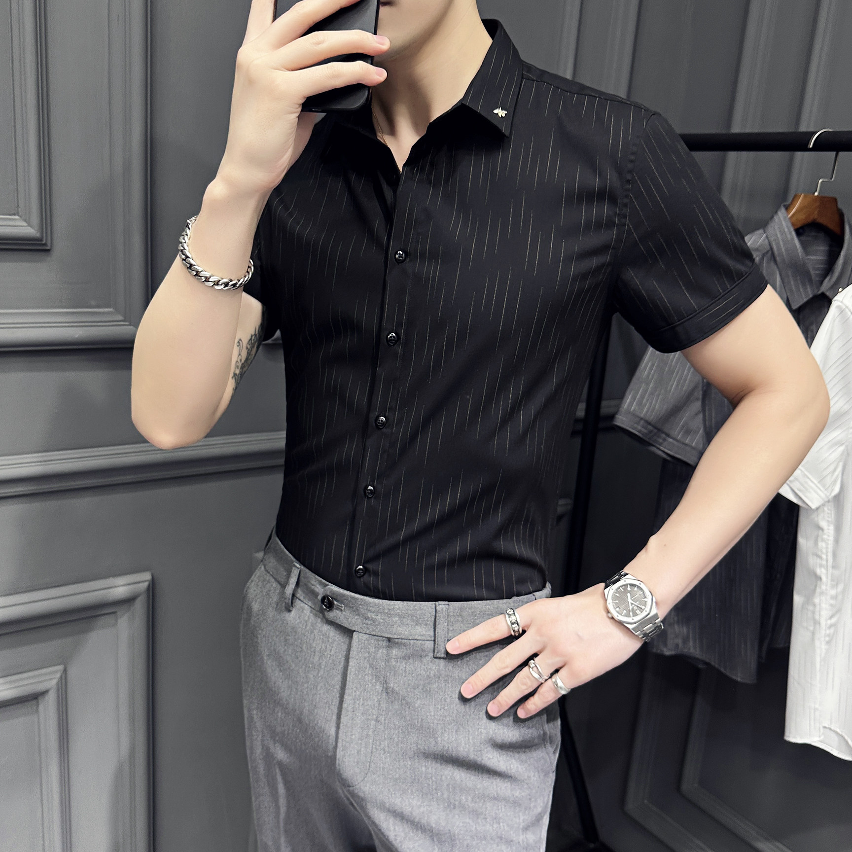 2025夏季新款短袖条纹衬衫韩版修身商务休闲衬衣男A311-CS861-P68，男装T恤，电商A311