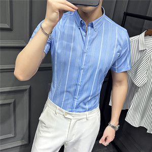 2025夏季短袖条纹衬衫韩版修身商务休闲衬衣男A311-CSZ88060-P55图片